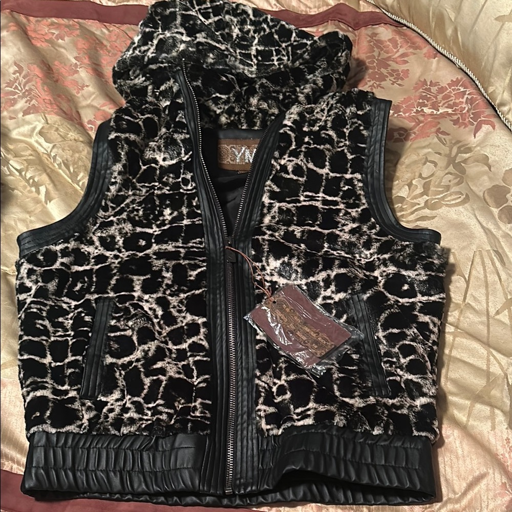 YMI Black and Cream animal print Faux Fur Hooded Vest